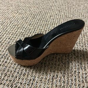 JIMMY CHOO patent leather wedges with gold hardware toe plate